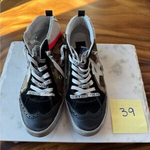 Golden Goose MidStar Camo and Black Sneakers with Hot Pink Accent